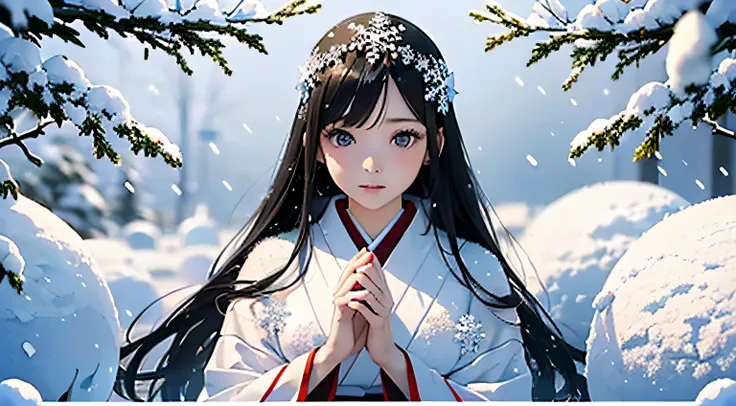 tmasterpiece、realisitic、beste-Qualit、((fullllbody))、SnowFields、Black long hair、(((Beautiful Snow Woman)))、(((Beautiful snow woman in old tales)))、((She wears a white kimono and a white obi with long red sleeves that flutter out, and her face is downward an...