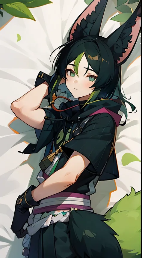 ((1Boy)), photo on dakimakura, black fox ears, bushy tail, black hair, green eyes