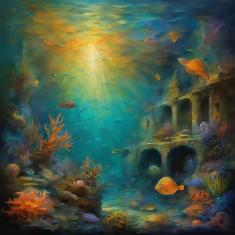 oil painted，Underwater ancient city ruins surrounded by seaweed，the ocean，Fantastical，magia，mistic，Beautiful coral reef with aquatic plants，Colorful fish swim around，Nipples clearly visible，Ethereal atmosphere，Mermaid marble statue、Whispering Shell、Glowing...