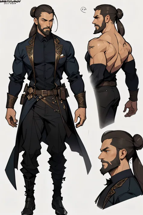 (realistic:1.3), insane detailed, quality, (masterpiece:1.2), (photorealistic:1.2), (best quality), (detailed skin:1.3), (intricate details), ray tracing, ((1male)), middle aged male, 50 years old, long bun hair, beard, muscular, Formal fantasy outfit, (bl...