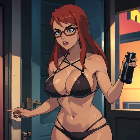 CARTOON_barbara_ownwaifu,cell Shading,anime coloring,black bikini,holding a soda,masterpiece,best quality,.ownwaifu.com,long hair,glasses,red hair,blue eyes,black-framed eyewear,breasts,under-rim eyewear,semi-rimless eyewear, curvy, toned, large breasts, n...