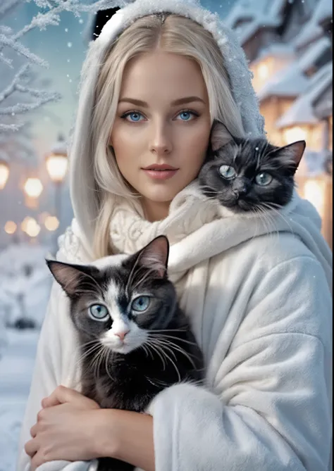 A gorgeous European blonde woman, she&#39;s a men&#39;s magazine model, flirts with camera, in a white coat holding a dark grey ragdoll cat in her arms, goddess of winter, graphic artist magali villeneuve, inspired by Magali Villeneuve, karol bak uhd, beau...