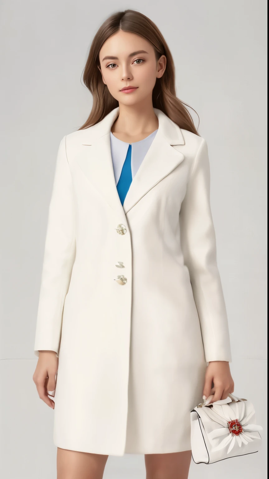 a woman in a white coat and blue shirt holding a white purse, white coat, wearing a white winter coat, white jacket, short coat, on the tennis coat, in a flowing white tailcoat, dressed in an old white coat, labcoat, coat pleats, crisp details, wearing whi...