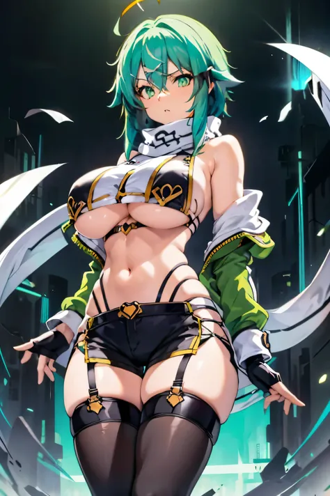 sinon1, short hair with long locks, hair between eye, side locks, Huge breasts, Revealing clothes, Blue clothes, gloves, thighs thighs thighs thighs, (off shoulders, Bare shoulders), (underboob:1.5), (Midriff, Navel, thong),

sinon1, scarf, fingerless glov...