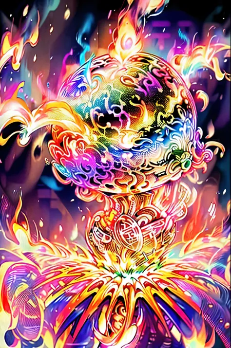 Create a psychedelic illustration of money burning