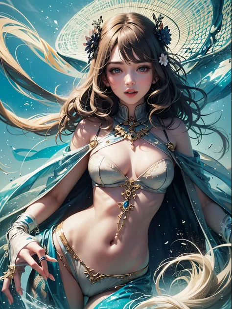 art, Unity 8k壁纸, Ultra-detailed, Beautiful and aesthetically pleasing, (s fractal art: 1.3),  flower, girls, (Hairstyles: Long hair) Ocean, Extremely detailed, Cowboy shot, The most beautiful, Seafoam, Buble, cute big breasts, ultra quality, random backgro...