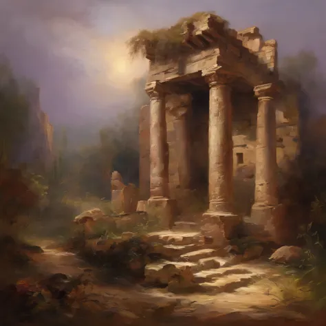 Mysterious ancient ruins，oil painted，Detailed and weathered ruins，Purple sky，safe，intricately carved、Impressive architectural structure，The ruins are covered with lush vegetation，Best quality，ultra - detailed，professional，rich palette，deep shading，Highligh...