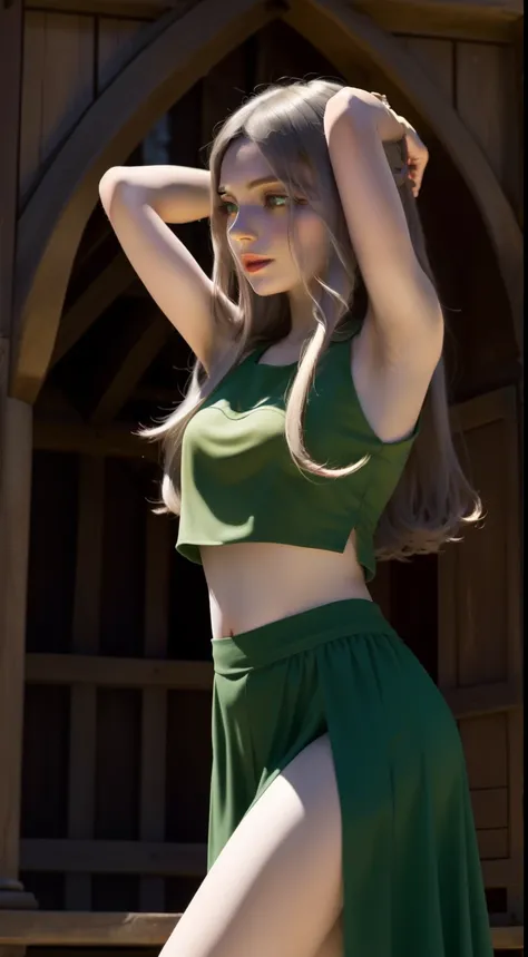 ((best quality)),In a medieval fantasy world, Layla is depicted as an elf, showcasing a blend of mystical and modern styles. She is wearing a sleeveless crop top that ends at her midriff, with her arms fully exposed without any accessories. In this pose, L...