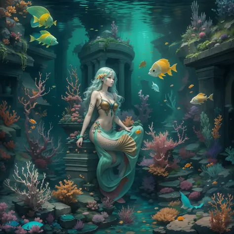 oil painted，the ocean，under the watenciful，magia，mistic，(Ancient city ruins embraced by seaweed)，aquatic planteautiful coral reef，Colorful fish swimming，clear visibility，Ethereal atmosphere，Marble statue of mermaid、Whispering Shell、glowing jellyfish、ancien...