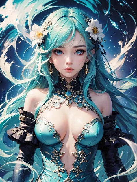 art, Unity 8k壁纸, Ultra-detailed, Beautiful and aesthetically pleasing, (s fractal art: 1.3),  flower, girls, (Hairstyles: Long hair) Ocean, Extremely detailed, Cowboy shot, The most beautiful, Seafoam, Buble, cute big breasts, ultra quality, random backgro...