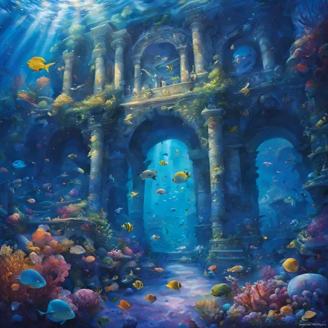 oil painted，the ocean，Under water，magia，mistic，(Ancient city ruins surrounded by seaweed)，Beautiful coral reef with aquatic plants，Colorful fish swim around，Nipples clearly visible，Ethereal atmosphere，Mermaid marble statue、Whispering Shell、Glowing jellyfis...