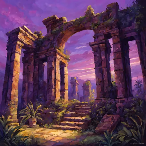 Mysterious ancient ruins，oil painted，Detailed and weathered ruins，Purple sky，safe，intricately carved、Impressive architectural structure，The ruins are covered with lush vegetation，Best quality，ultra - detailed，professional，rich palette，deep shading，Highligh...