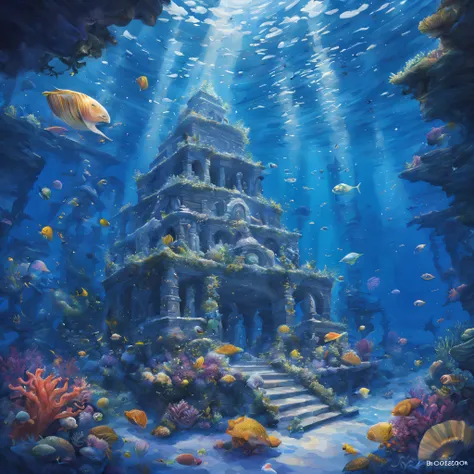 oil painted,the ocean,Under water,magia,mistic,Ancient ruins surrounded by seaweed,Beautiful coral reef with aquatic plants,Colorful fish swim around,Nipples clearly visible,Ethereal atmosphere,Mermaid statue、Huge shells、Glowing jellyfish、ancient symbols a...
