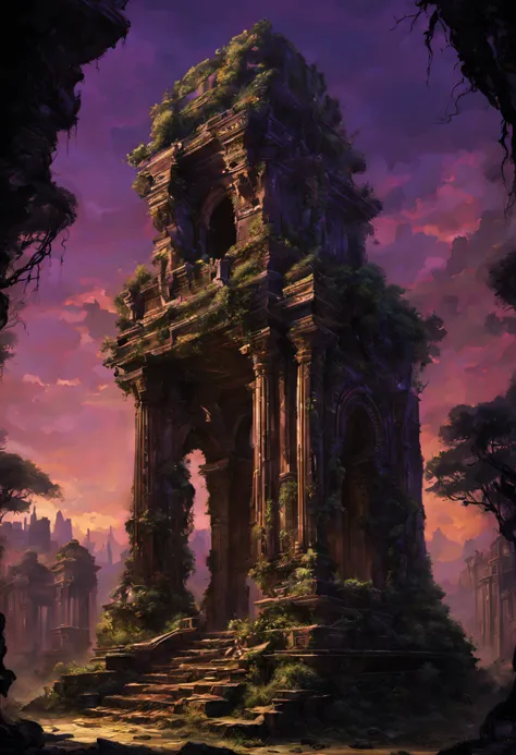 （Mysterious ancient ruins），oil painted，Detailed and weathered ruins，Purple sky，safe，intricately carved、Impressive architectural structure，The ruins are covered with lush vegetation，A majestic statue in Warhammer 40k style guards the entrance，Best quality，u...