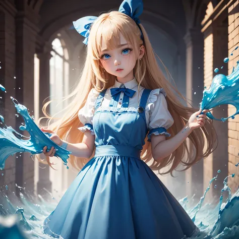 ​masterpiece、top-quality、ultra-detailliert、(Chibi character Alice:1.2),(Level difference:1.8)、(depth of fields)、(flat-colors:1.1、(Blue theme))、One girl is Alice in Wonderland、exclamation、Promotional posters、full bodyesbian、heavy wind、(liquid paint blue tea...