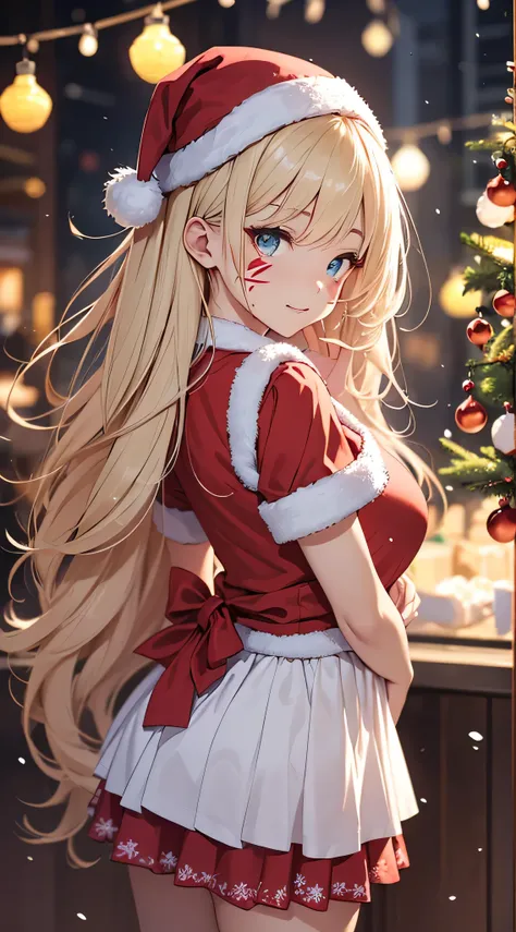 top-quality、Top image quality、​masterpiece、teens girl((Cute Santa Costumes、santa style short skirt、santa style tank top、sixteen years old、 Ager、Best Bust、big bast,Beautiful wide open light blue eyerest, a blond、A slender,Large valleys、dye ones cheeks red、S...