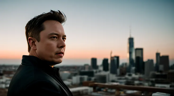 Foto RAW, Uma foto de retrato do brutal homem de 45 anos [Elon Musk] como flash, iluminando-se ao redor do seu corpo, Posando, hero, background city in ruins (Couro altamente detalhado: 1.2), 8k UHD, DSLR, soft-lighting , alta qualidade, grain of film, Fuj...