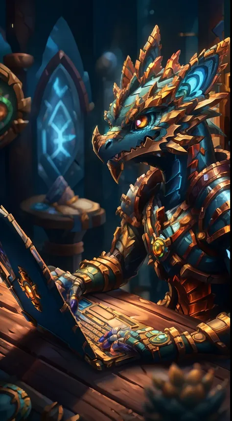 There was a dragon sitting on the table，There is a laptop on it, anthro dragon art, Portrait of a cyborg dragon, from hearthstone, Hearthstone card game artwork. ”, as an anthropomorphic dragon, D&d commision art dragon, hearthstone art, Hearthstone card a...