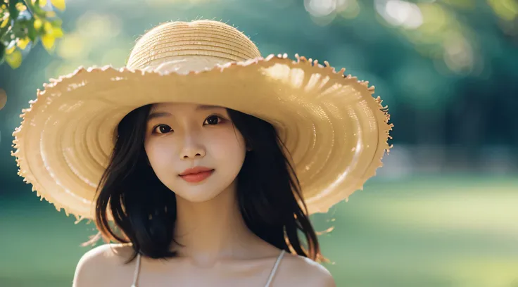 Best portrait photography, 35mm film, natural blurry, 1girl, sun dress, wide brimmed hat, radiant complexion, whimsical pose, fluttering hair, golden sunlight, macro shot, shallow depth of field, bokeh, dreamy