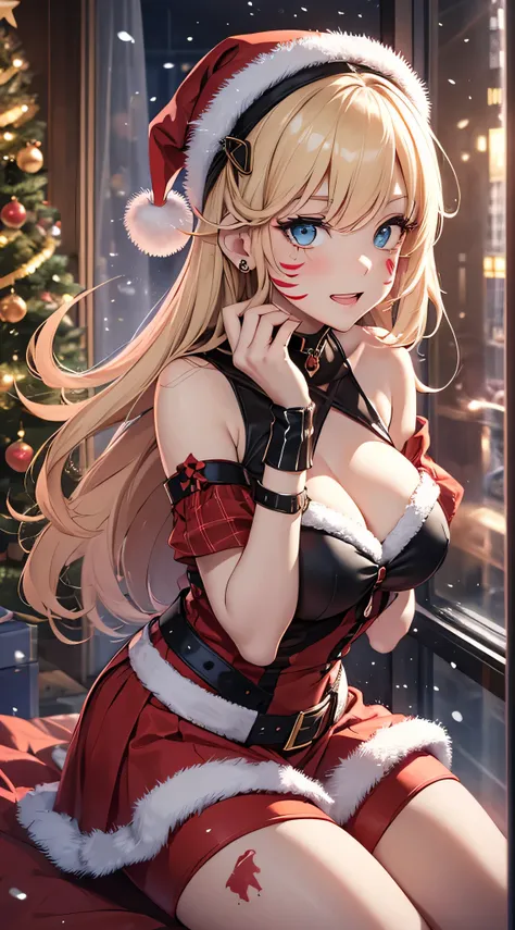 top-quality、Top image quality、​masterpiece、teens girl((Cute Santa Costumes、santa style short skirt、santa style tank top、sixteen years old、 Ager、Best Bust、big bast,Beautiful wide open light blue eyerest, a blond、A slender,Large valleys、Reflecting the whole ...