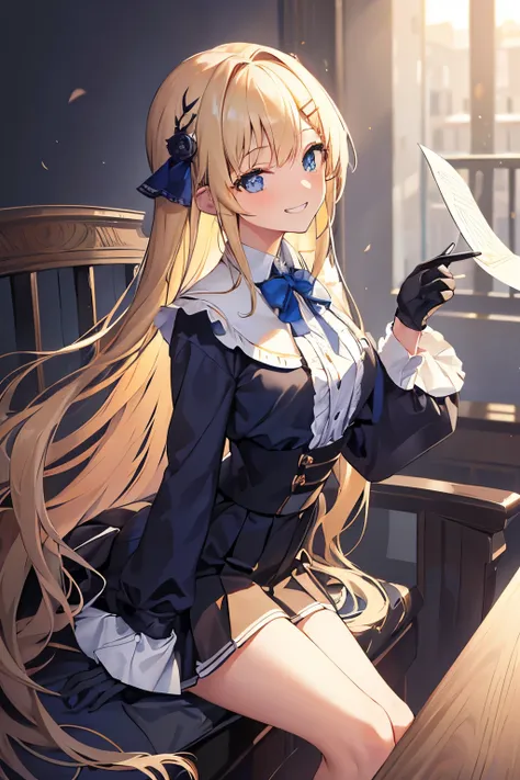 {{{{{{2d}}}}}},painting,{masterpiece},  hyper detailed,soft,focus face,detailed scenery,detailed light,Delicate facial features, blue archive, 1girl, bangs, black_gloves, blonde_hair, from_side, gloves, gradient, gradient_background, grin, hair_ornament, h...