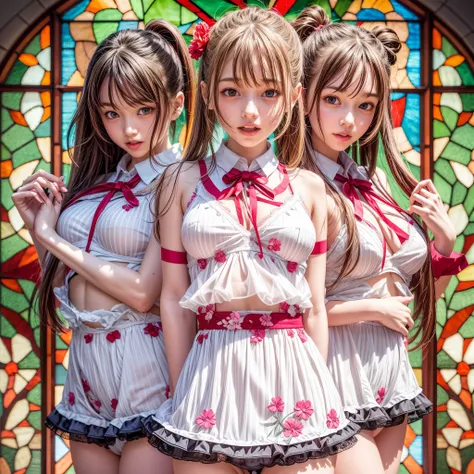 ( White and red, acutance:0.8), masutepiece, Realistic, (photoRealistic:1.37) Unripe々With a gentle touch. A group of KAWAII girls wearing open uniforms without bras . (Highly detailed KAWAII facial variations, Fun expression variations), { Navel | Pretty a...