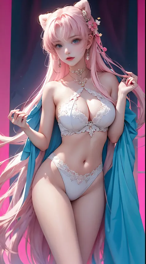 Light blue and red color scheme，pink nipple，little body，Petite，White curly hair, high detail, best quality, supper detail, detail eyes, pink pussy,  dark background, 5/6 body, hair over nipple, open leg