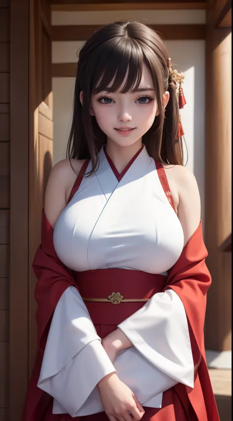 ((masterpiece)), (best quality), official art, extremely detailed CG, unity 8k wallpaper, ultra detailed, hairclip, miko, japanese clothes, red hakama skirt masterpiece, best quality, absurdres, shinto shrine, looking at viewer, upper body, smile, big brea...