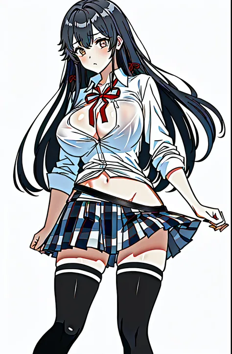 1 girl as yukino yukinoshita, absurdres,  highres, solo, school uniform, big breasts, waist long black hair, (twintails:0.5), miniskirt, black thighhigh socks, loose red ribbon, unbuttoned white shirt