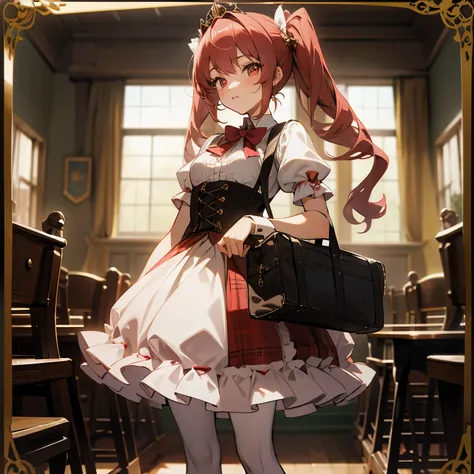 Pretty 15 years old princess has a school girl, drawn in anime style, long red pigtails hair, pink eyes, small breast, steampunk, school uniform with short puffy sleeves worn underneath a red plaid lolita dress, school crest, white petticoat, corset, ribbo...