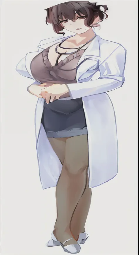 Image of a woman wearing lab coat and pants, thighs close together, Clothing that exposes, ((wearing aristocrat robe)), Knees cave in, professor&#39;s clothes, Wear a lab coat和衬衫, Close-up of the bottom body, offcial dress&#39;Slow down, black-white skinti...