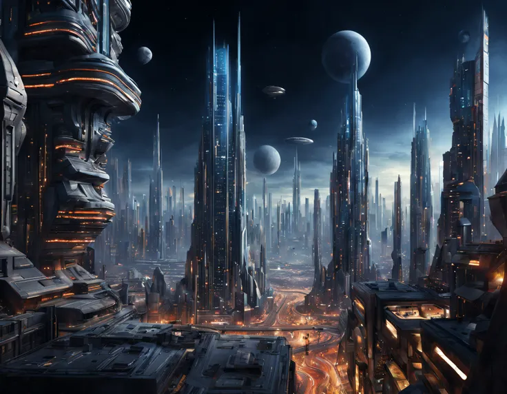 (the city of coruscant from star wars as designed by doug chiang), futuristic fantasy city with immense buildings of technologic...