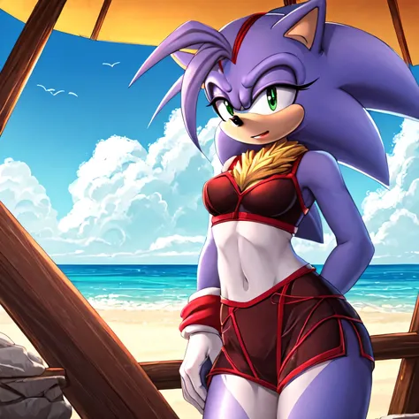 (best quality:1.2), ((masterpiece)), (from sonic the hedgehog), silver fused with blaze:1, standing, sexy clothing, sexy, detailed fur, alluring, beach background, waves, detailed eyes, perfect anatomy, high resolution