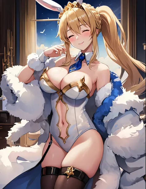 masterpiece, best quality, absurdres, soft lighting, looking at viewer, solo, light_smile, wink, one eye closed,
1girl, ahoge, rabbit ears, playboy bunny, artoria pendragon (swimsuit ruler) (fate), large breasts , blonde hair, green eyes, french braid,  po...