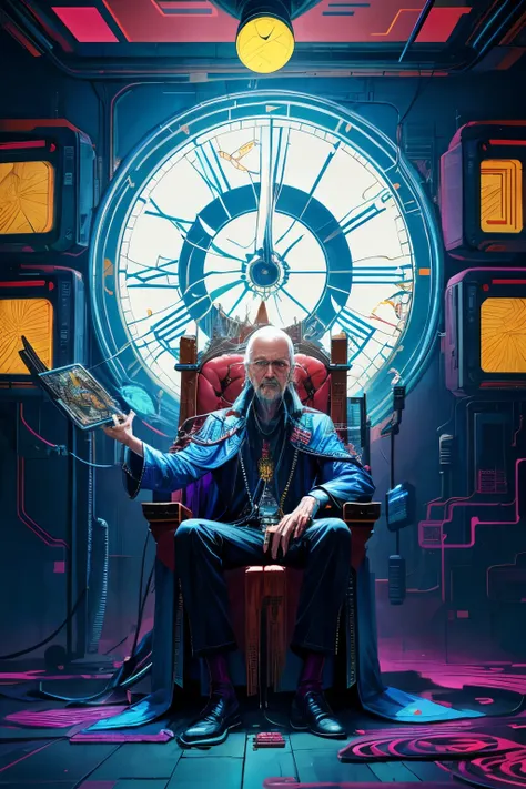 Close-up of a man sitting on a throne，The background is a clock, cyberpunk old man, Cyberpunk Zen Meditation, beeple and jean giraud, style hybrid mix of beeple, cinematic beeple, beeple masterpiece, Wojtechfors, greg beeple, by bee, beeple |