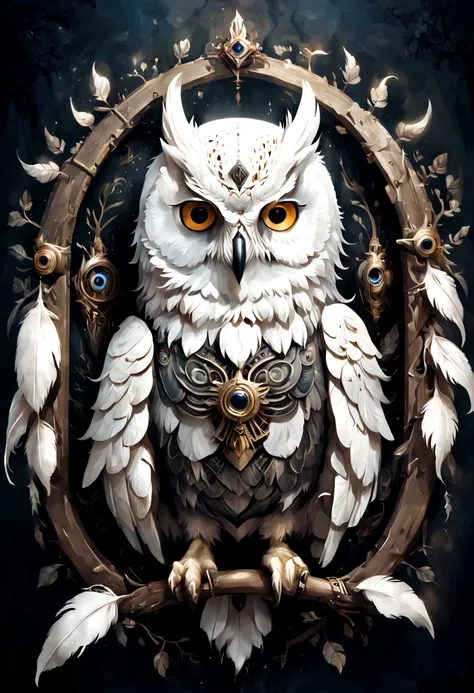 painting of a white owl with feathers, owl feathers,  full body, logo style with ornament frame, owl wizard, witch - doctor, glowing white owl, mechanical owl, alien owl, inspired by Joe Fenton, radiant owl, gothic maiden shaman, highly detailed dark art, ...