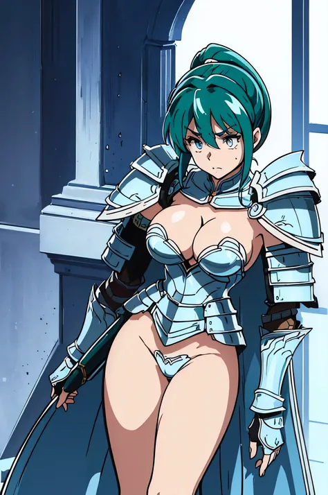 top-quality、ultra-detailliert、Blue eyes、Colossal tits、Green haired、1 female、Ram、(((High-leg armor)))、Clothes with Cleavage View、pony tail hairstyle、Has a huge sword、Empty background、Shyness、(((Forward View)))