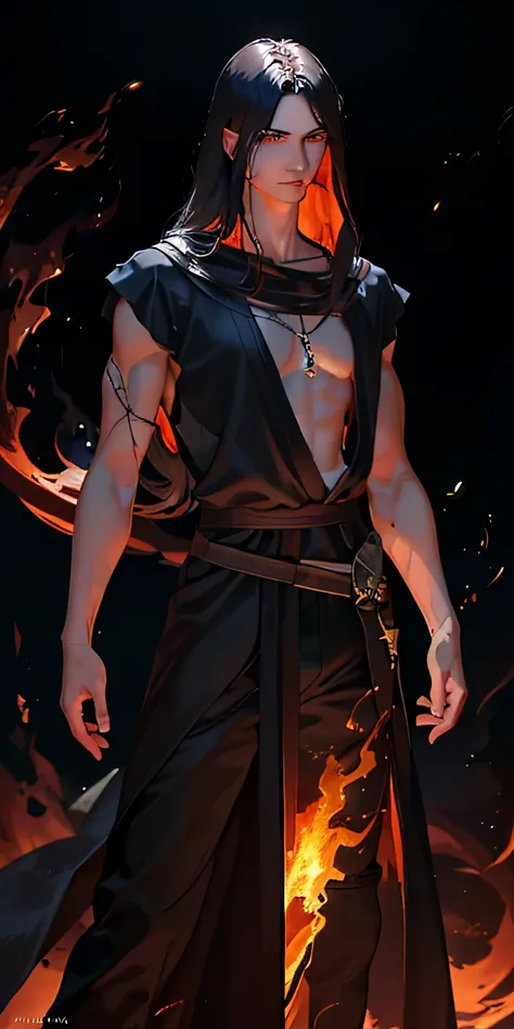 (photorealistic:1.4),best quality, masterpiece,male,thin,muscle, flames danced in his eyes, a young mage with long, dark chestnut hair stood tall, his figure cloaked in a mesmerizing shade of dark gray. They called him the pyromancer, for he possessed a pr...