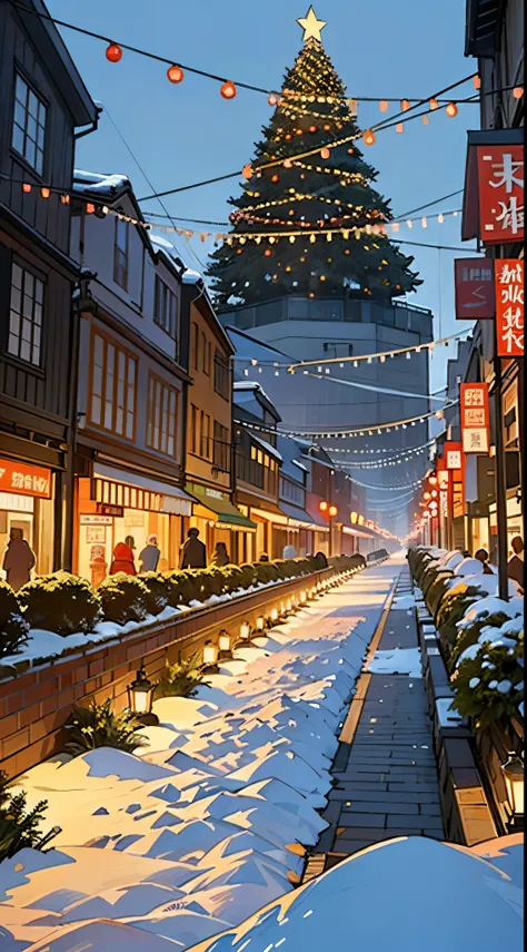 ((tmasterpiece:1.4、quality))、(Commercial street celebrating Christmas、japanese downtown、Start composing the picture from below、low angles、)、Commercial street brightly lit、Christmas tree、It snowed heavily,