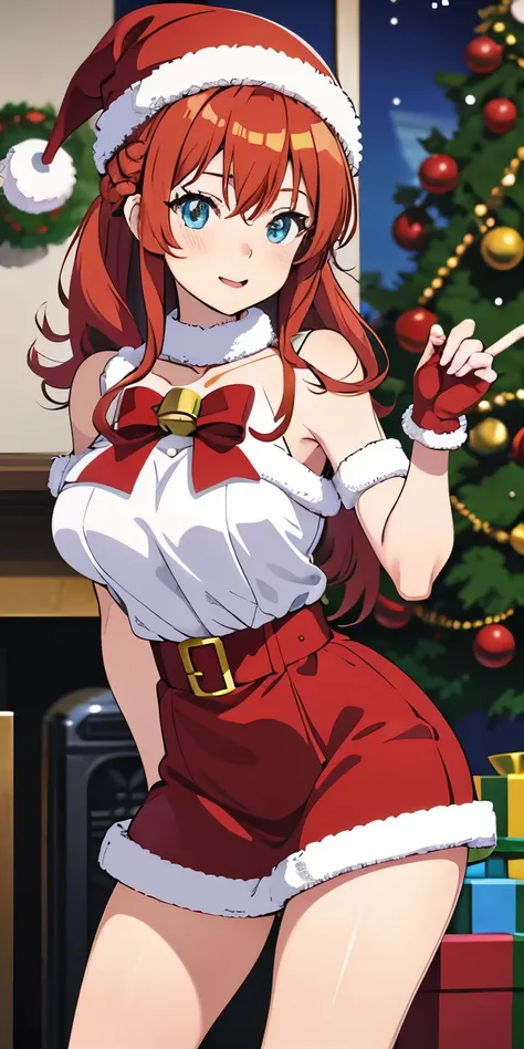 anime girl in santa outfit with bell and christmas hat, red hair, blue eyes, oppai, ecchi, ecchi anime style, seductive anime girl, pixiv 3dcg, at pixiv, pixiv, top rated on pixiv, made cg animation studio, promo art, matured woman, 8k!, shiori arima