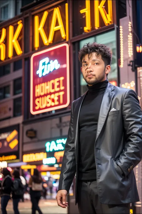 Boy wearing pent coat and high neck underneath and stands in night street