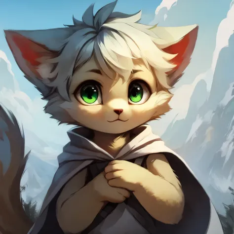 (Bright environment :0.8), masterpiece, high quality, digital painting,furry, Feline, white-haired cat, single, cute,furry, furry boy, look to the screen,(Snowy mountains, blue sky :0.8), light blue tipped ear hair, green eyes, fluffy tail, white fur, wear...