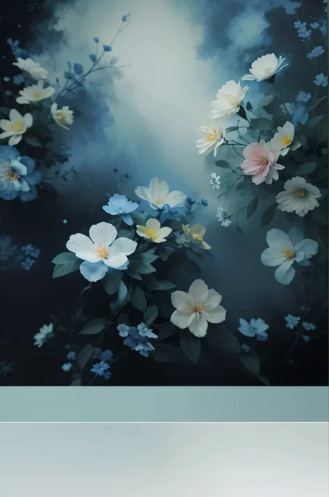 painting of a painting of flowers in a dark blue background, luminous flowers, paul barson, 🌺 cgsociety, magical flowers, with bloom ethereal effects, glowing flowers, by WLOP, by Anna Füssli, ethereal beauty, alexey egorov, floral dream, floral environmen...