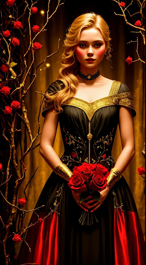 Woman wearing dress with golden details in dark environment, and red rose branches with thorns around her