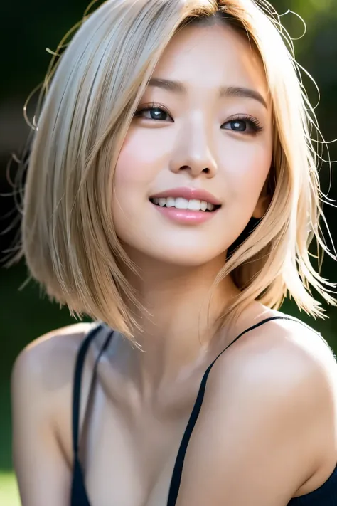 top-quality, 8K, ​masterpiece, femele, A smile, Look at viewers, foco nítido, Light beige hair color, bob cuts, dishevled hair, Highly detailed face and skin and hair texture, A detailed eye, 二重まぶた, de pele branca, beautiful delicate nose, かわいい若いfemele, 27...