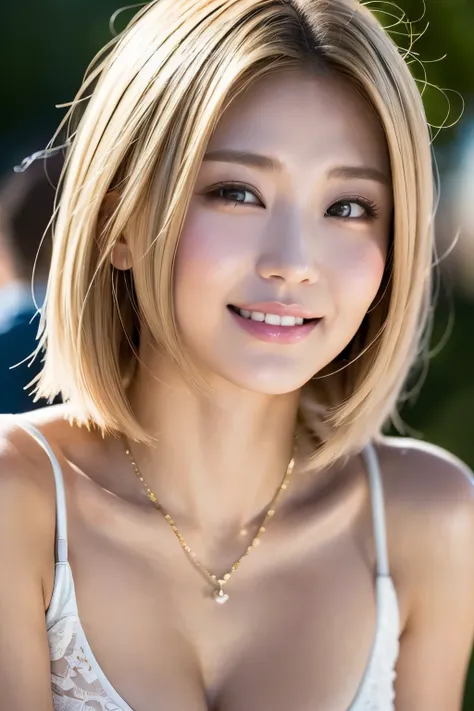 top-quality, 8K, ​masterpiece, femele, A smile, Look at viewers, foco nítido, Light beige hair color, bob cuts, dishevled hair, Highly detailed face and skin and hair texture, A detailed eye, 二重まぶた, de pele branca, beautiful delicate nose, かわいい若いfemele, 27...