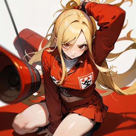 Flow the right half of the hair back、a blond、Bad eyes、glares、Red jersey jacket、red jersey pants、a miniskirt、Bad Girls、hitornfreckles、crouching down、konbini