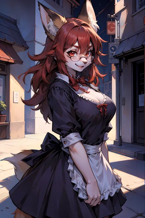 the maid outfit，Red short hair fox furry girl, fluffy hair shy, beautiful red eye, wears glasses,  very fluffy tail, Bigchest, Bow in hair, 17 years younger, Happy , Young body, Good girl, in a skirt, the street, 可爱的Bigchest, face flushed, Want to be loved...