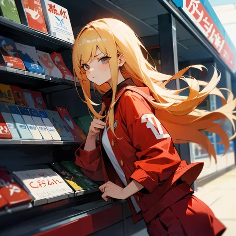 Flow the right half of the hair back、a blond、Bad eyes、glares、Red jersey jacket、Wearing red jersey pants under a navy blue skirt、Bad Girls、hitornfreckles、Convenience store