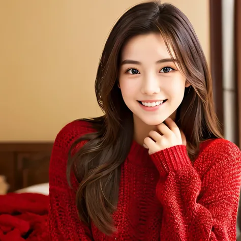 Semi-long hair、Lustrous hair、Charming smile、Small face、Red knitted sweater、Beautiful skin、a room、Torch、Best Quality、23years old、153cm、C Cup